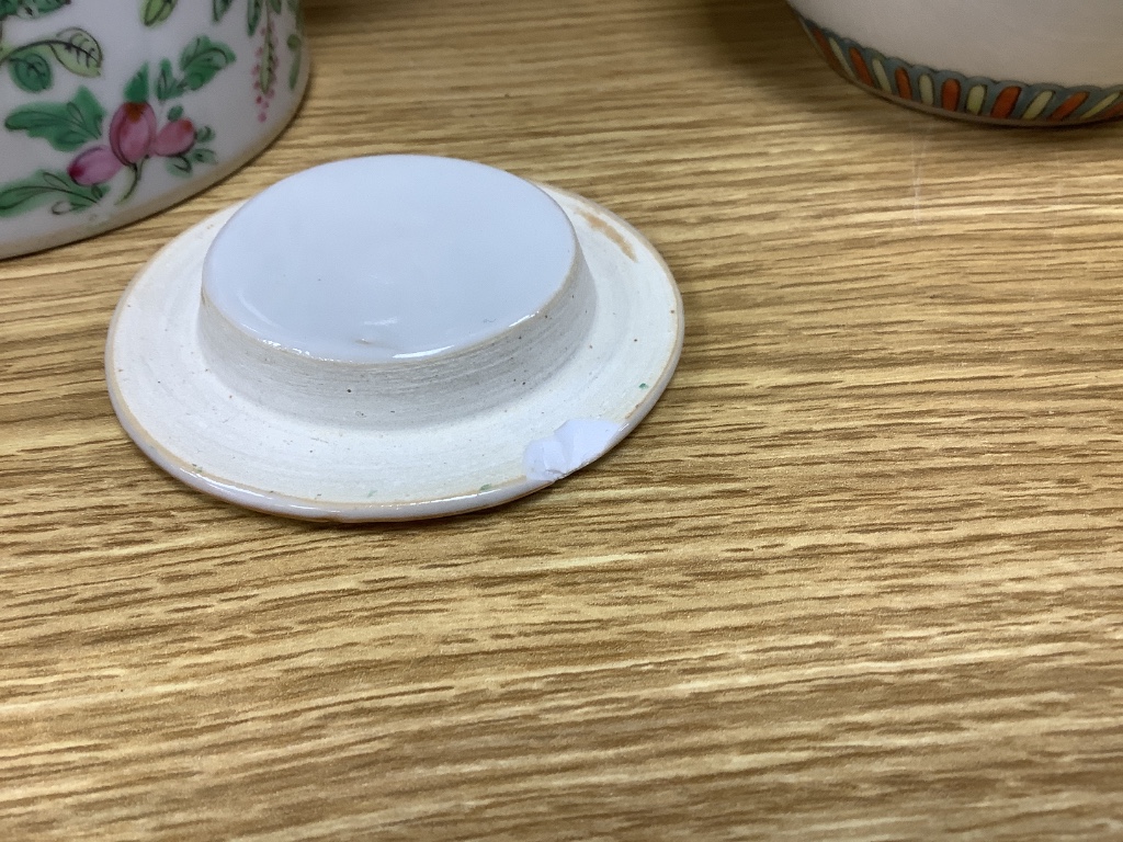 A Chinese famille rose tea pot and a similar jar and cover, tallest 14cm